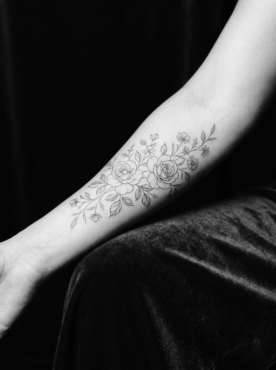 Tatuaj floral fine line